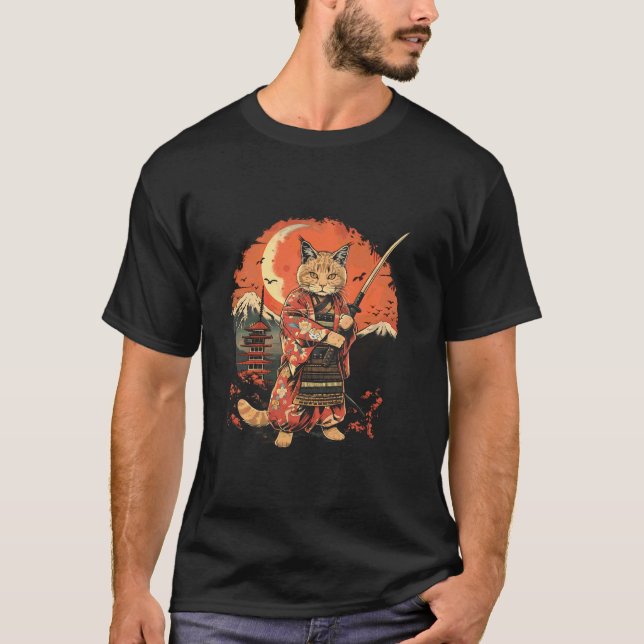 Camiseta Gato Samurai Gato Ninja Japonês Arte Pagode (Frente)