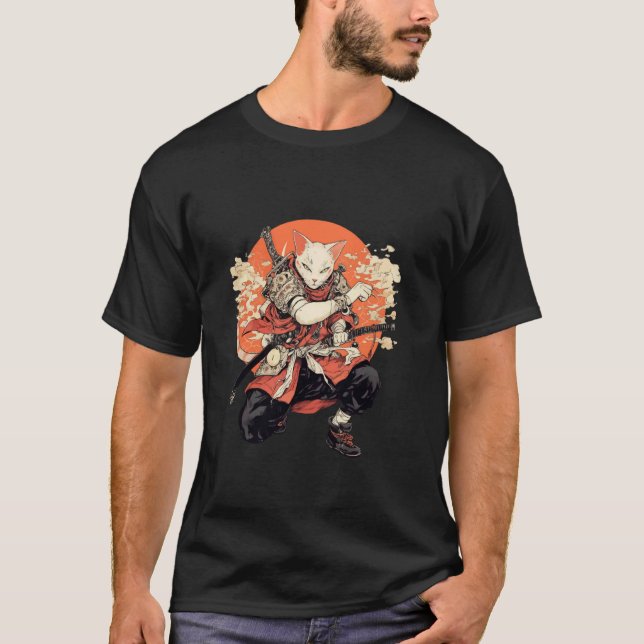 Camiseta Gato Samurai Guerreiro Japonês Lutando Ninja (Frente)