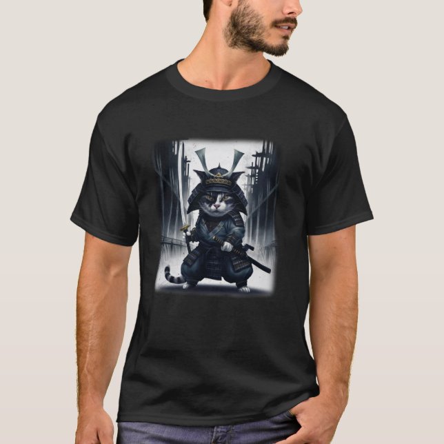 Camiseta Gato Samurai Guerreiro Japonês Vintage (Frente)
