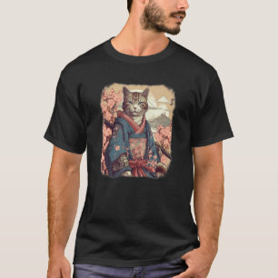 Camiseta Gato samurai  guerreiro ninja flores, lua, japonês