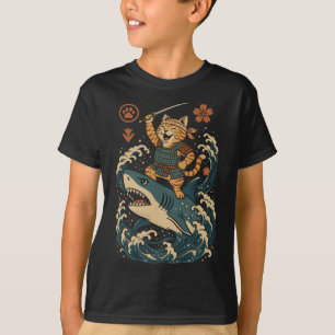 Camiseta Gato Samurai Inspirado em Ukiyo-e Surfando Ondas G