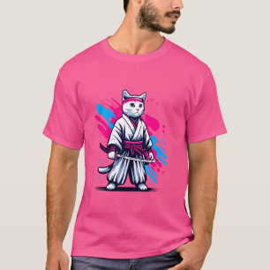 Camiseta Gato Samurai Japonês Arte Pop Fofinho Animal de Es