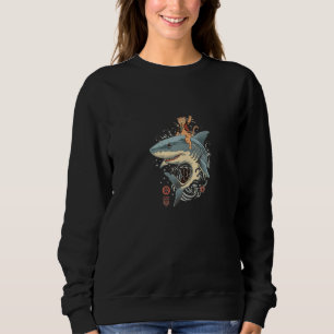 Camiseta Gato Samurai Japonês Asiático Montando Um Tubarão