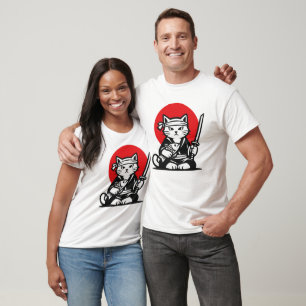 Camiseta Gato Samurai Japonês Espada Katana Sol Vermelho