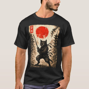 Camiseta Gato Samurai Japonês Gráfico Anime Masculino