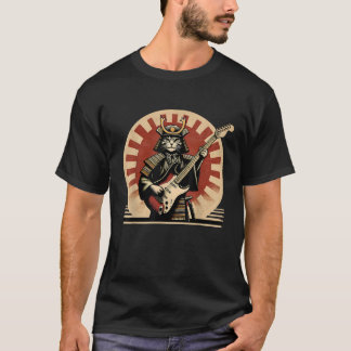 Camiseta Gato Samurai Japonês Tocando Guitarra Elétrica Ret