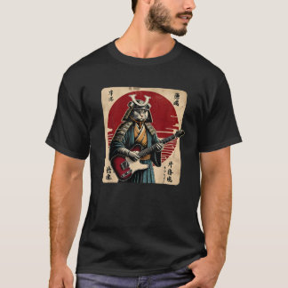 Camiseta Gato Samurai Japonês Tocando Guitarra Elétrica Ret