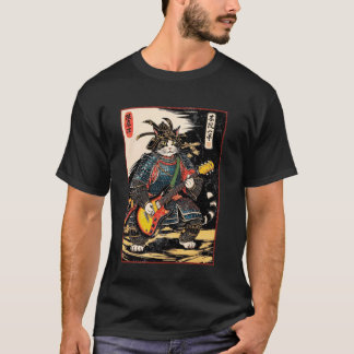 Camiseta Gato Samurai Japonês Tocando Guitarra Elétrica Uki