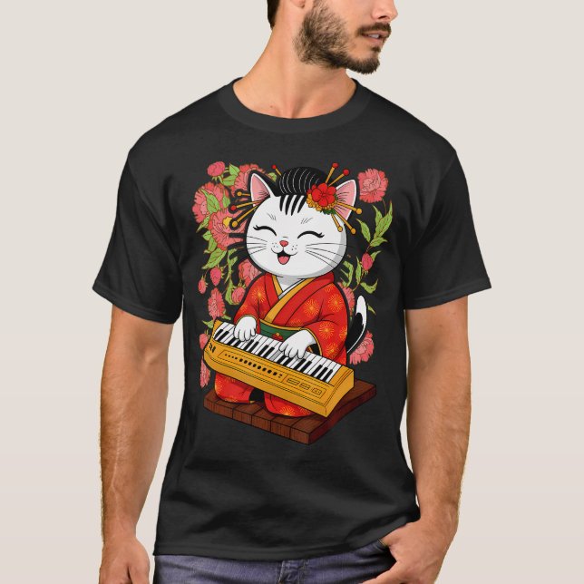 Camiseta Gato Samurai Japonês Tocando O (Frente)