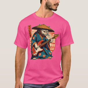 Camiseta Gato Samurai Japonês Tocando o Baixo