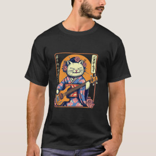 Camiseta Gato Samurai Japonês Tocando o Baixo
