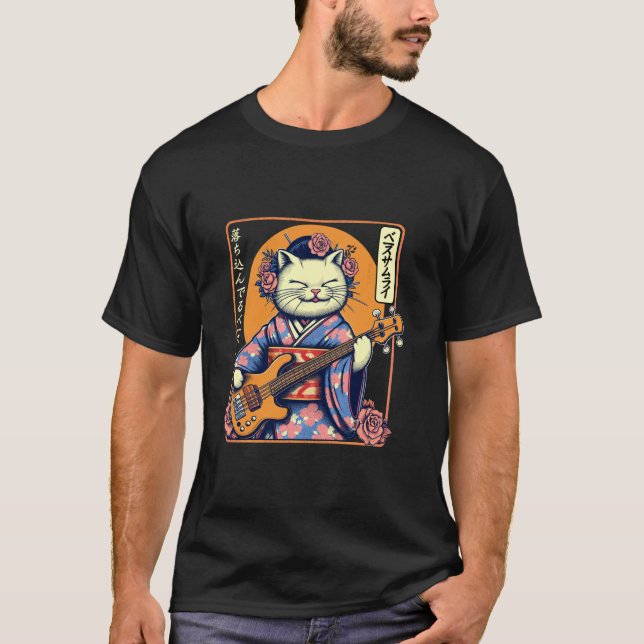 Camiseta Gato Samurai Japonês Tocando o Baixo (Frente)