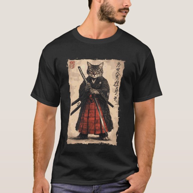 Camiseta Gato Samurai Kanji - Poder do Guerreiro Japonês Ka (Frente)