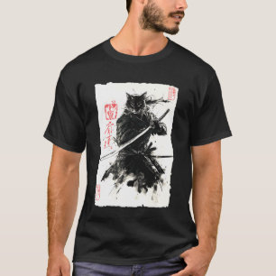 Camiseta Gato Samurai Pintura Japonesa Sumi-e Arte Katana
