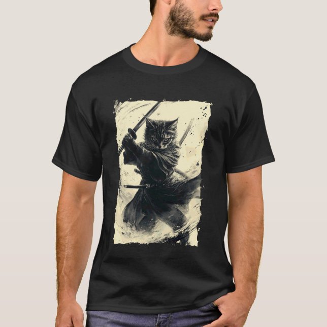 Camiseta Gato Samurai - Poder do Guerreiro Japonês Katana (Frente)