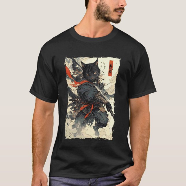 Camiseta Gato Samurai - Poder do Guerreiro Japonês Katana 1 (Frente)