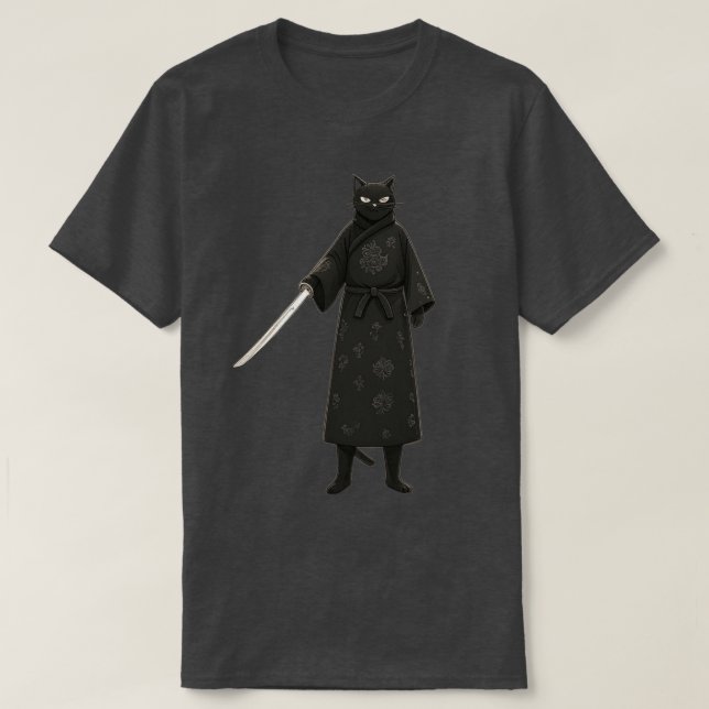 Camiseta Gato Samurai Preto Quimono Preto (Frente do Design)