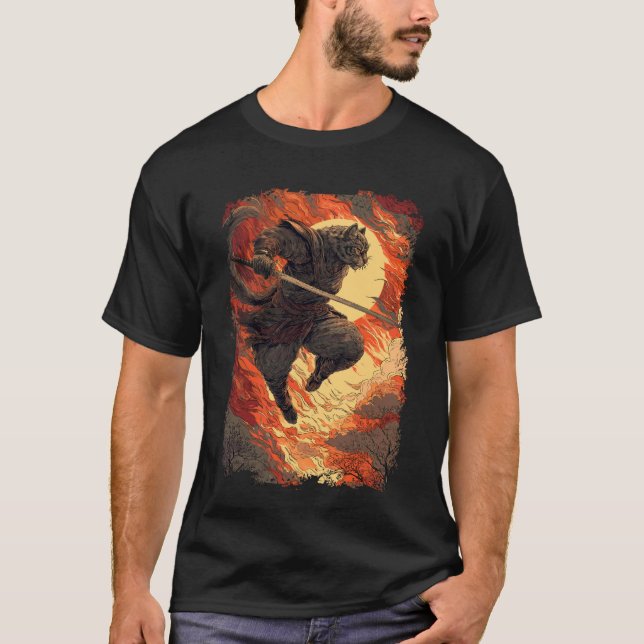 Camiseta Gato Samurai - Salto Ninja Fogueiro (Frente)