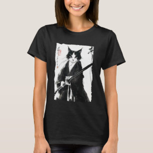 Camiseta Gato Samurai Smoking Japanese Pintura a Tinta Espa