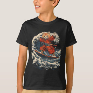 Camiseta Gato Samurai Surfando Grande Onda Ronin Katana