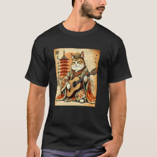 Camiseta Gato Samurai Toca Violão de Guerreiro Japonês Arte