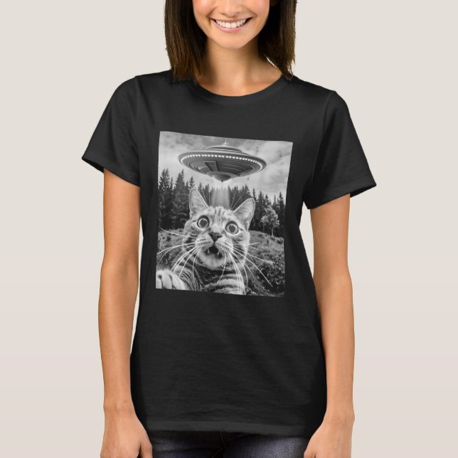 Camiseta Gato Selfie Com Alienígena Ufo Gato Engraçado Para (Frente)