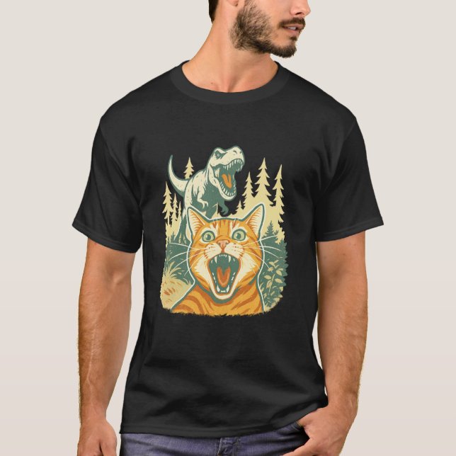 Camiseta Gato Selfie com Dinossauro T Rex (Frente)