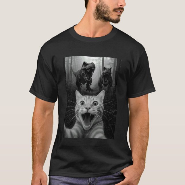 Camiseta Gato Selfie com Dinossauro T-Rex Presente Divertid (Frente)