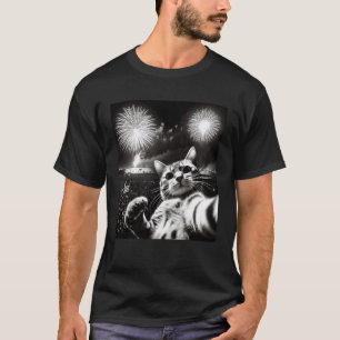 Camiseta Gato Selfie Com Fogos de Artifício Gato Engraçado