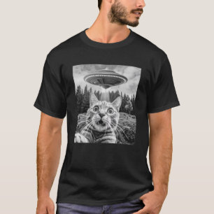 Camiseta Gato Selfie Com Gato De OVNI Alienígena Engraçado