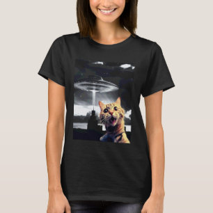 Camiseta Gato Selfie Com OVNI Alien Engraçado Gato Para Hom