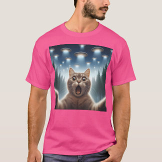 Camiseta Gato Selfie Com Ufo Alienígena Engraçado Surpreso
