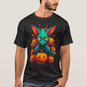 Camiseta Gato Sem Pelo Sphynx Abóbora Halloween