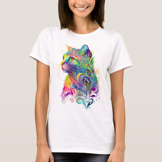 CAMISETA GATO SENTADO ABSTRATO COLORIDO (Frente)