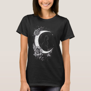 Camiseta Gato Sentado Em Flores De Lua Crescentes Estrelas 