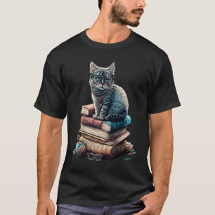 Camiseta Gato Sentado Em Livros Fofa Bibliotecária Adorador