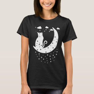 Camiseta Gato Sentado Na Lua Com Estrelas