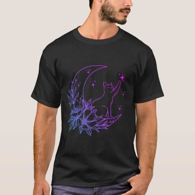 Camiseta Gato Sentado No Crescente Flor Da Lua Estrelas Mul (Frente)