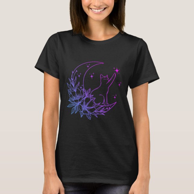 Camiseta Gato Sentado No Crescente Flor Da Lua Estrelas Mul (Frente)