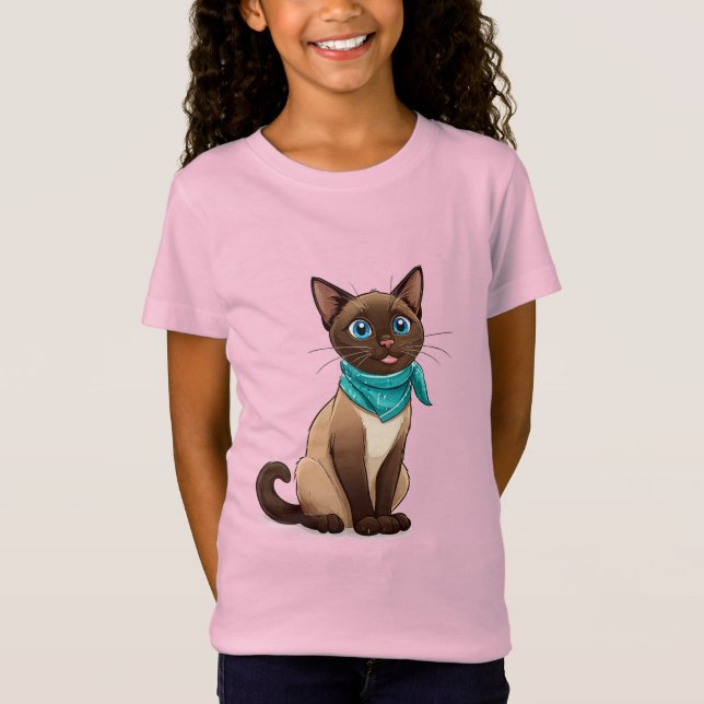 Camiseta Gato Siames Adorável Com Bandana Turquesa (Frente)