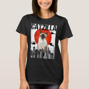 Camiseta Gato Siames Catzila Japonês Vintage Engraçado
