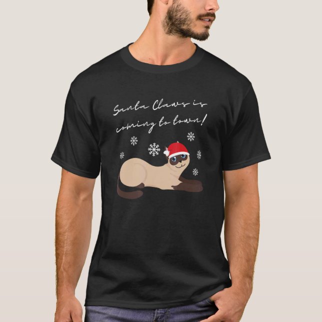 Camiseta Gato Siames Com Gato De Chapéu De Natal (Frente)