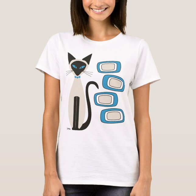 Camiseta Gato Siamês com Oblones Azuis Meios séculos (Frente)