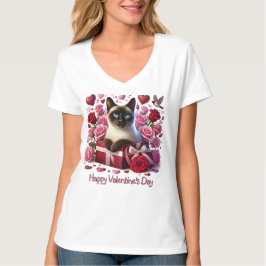 Camiseta Gato Siames do Dia dos Namorados Corações e Rosas