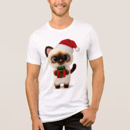 Camiseta Gato Siames Festejo com Chapéu de Papai Noel e Cai