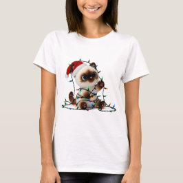 Camiseta Gato Siamesa do Papai Noel Enrolado em Luzes de Na