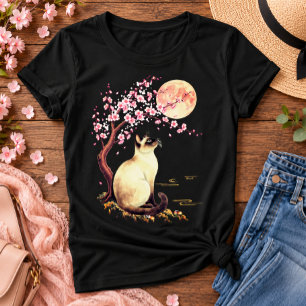 Camiseta Gato Siamesa Sob uma Lua Rosa