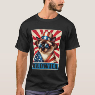 Camiseta Gato Siamesa Usa Óculos de Sol Chapéu de Abas Larg