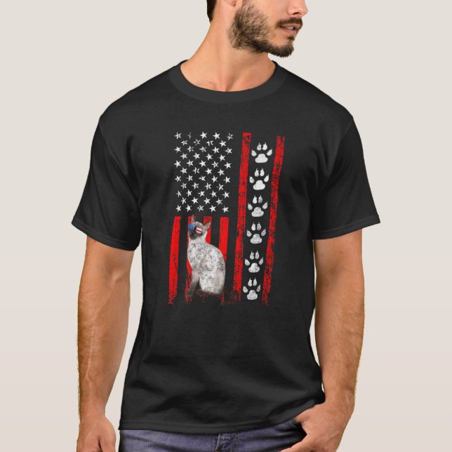 Camiseta Gato Siameses 4 De Julho Patriótico Bandeira Ameri (Frente)