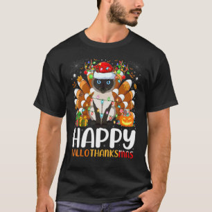 Camiseta Gato Siameso Dia das Bruxas Natal Feliz Hallothank